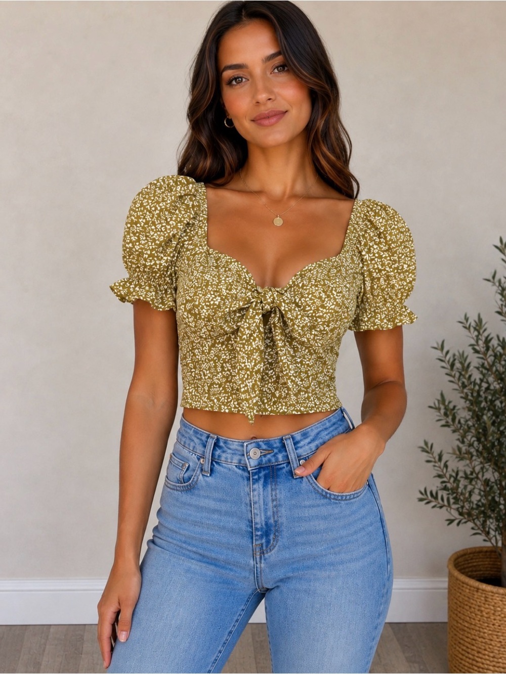 Olive Floral Tie-Front Puff Sleeve Crop Top
